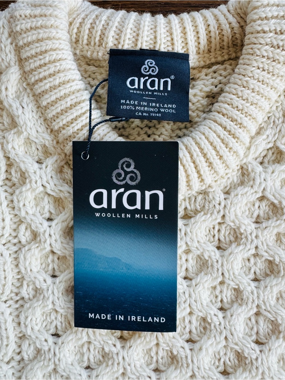 Aran Irish NWT XXL 100% Merino Wool Men's Cream Cable Knit Sweater $140 retail